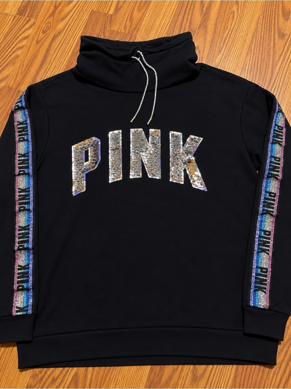 PINK Victoria's Secret Black Sequin Logo Funnel Neck Sweatshirt